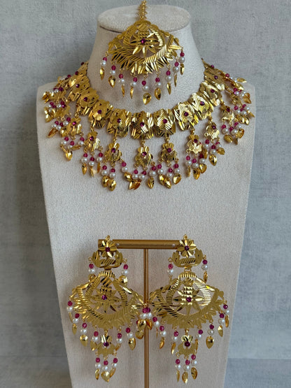 Ayura Designs Baisakhi Set with Earrings & Tikka – Gold Pipal Patti Design with Ruby Pink Beads & Pearl Detailing