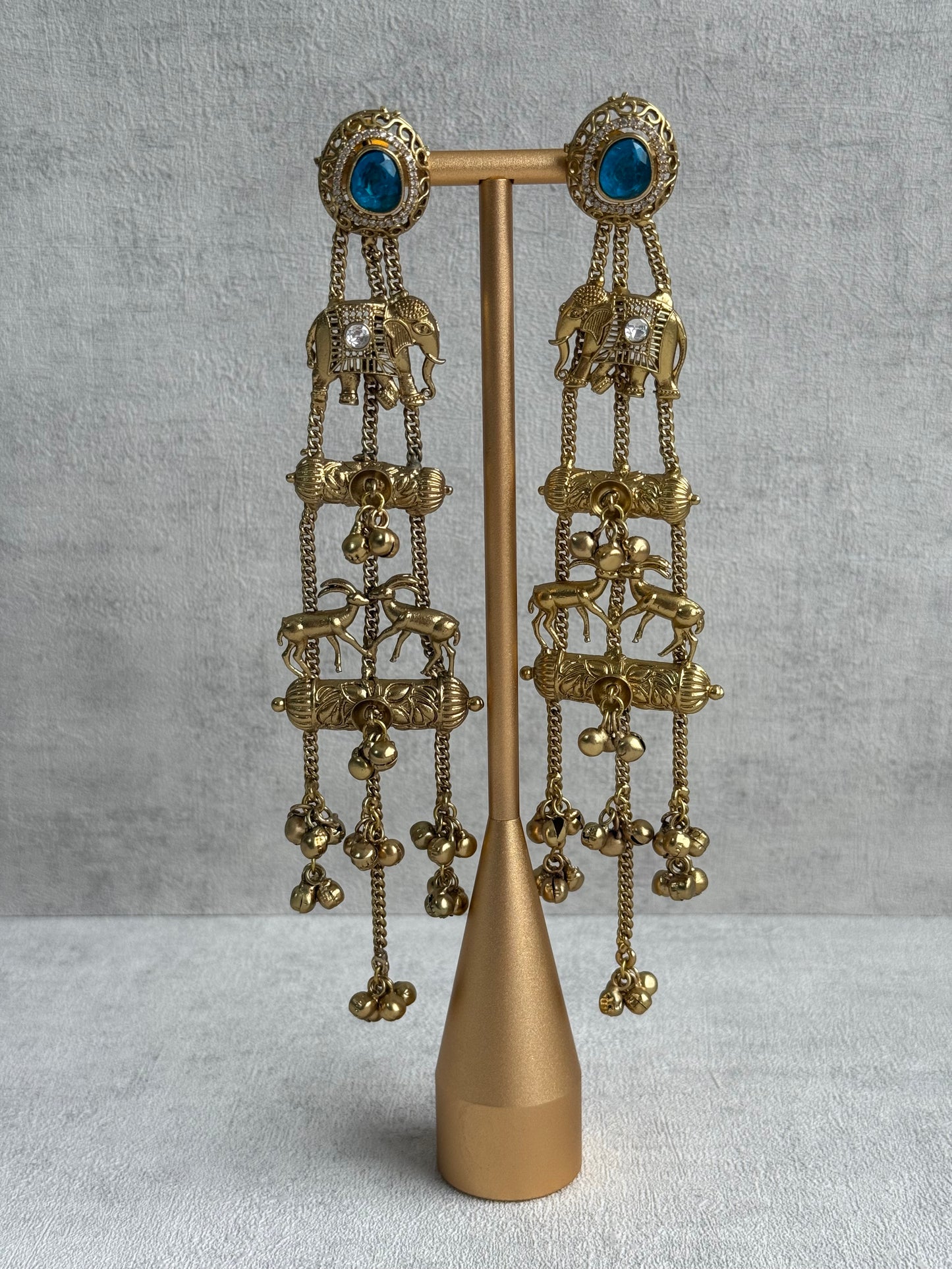 Ayura Designs Sonal Earrings – Antique Gold Dangler Earrings with Elephant & Deer Motifs, Blue Stone Tops & Ghungroo Detailing