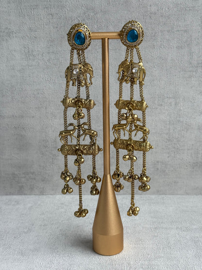 Ayura Designs Sonal Earrings – Antique Gold Dangler Earrings with Elephant & Deer Motifs, Blue Stone Tops & Ghungroo Detailing