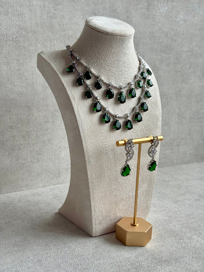 Ayura Designs Nida Set with Necklace & Earrings – Emerald Green Stones, Diamond-Cut Accents & Silver Finish