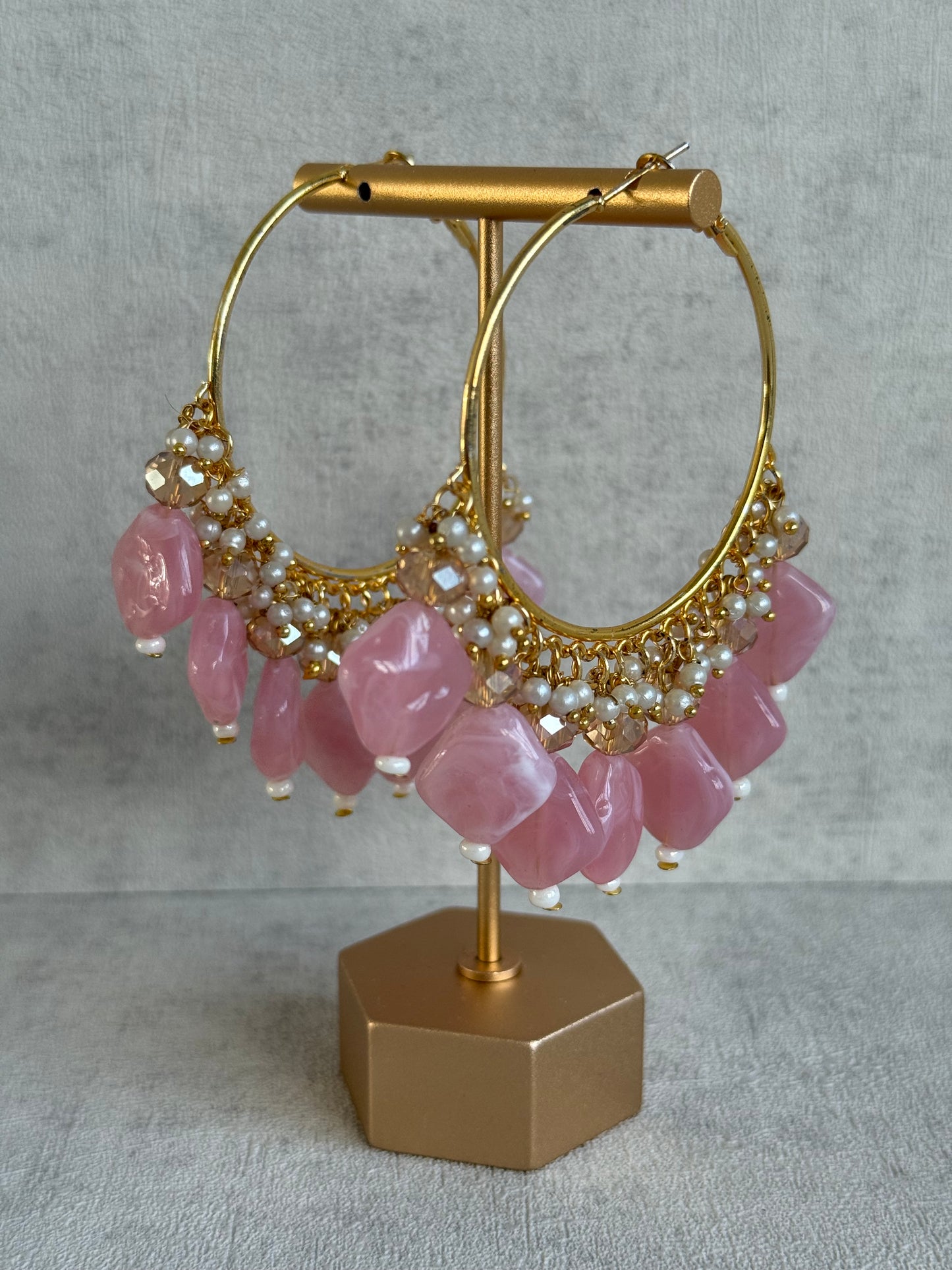 Ayura Designs Heer Balis – Gold Hoops with Baby Pink Marble Beads, Pearls & Crystal Detailing