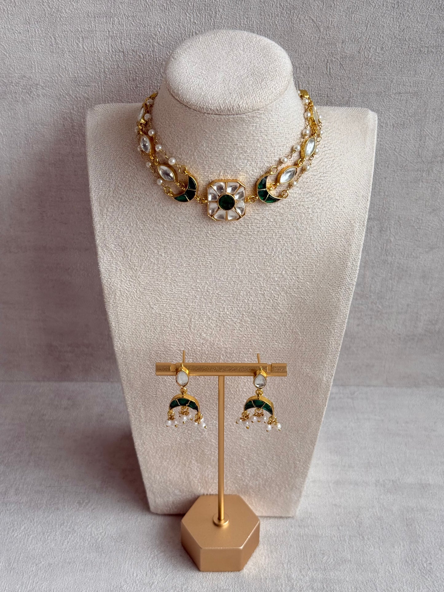Ayura Designs Mahi Choker Set with Earrings – Meenakari Kundan Emerald Green & Ivory Detailing