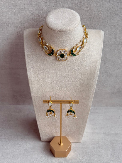 Ayura Designs Mahi Choker Set with Earrings – Meenakari Kundan Emerald Green & Ivory Detailing