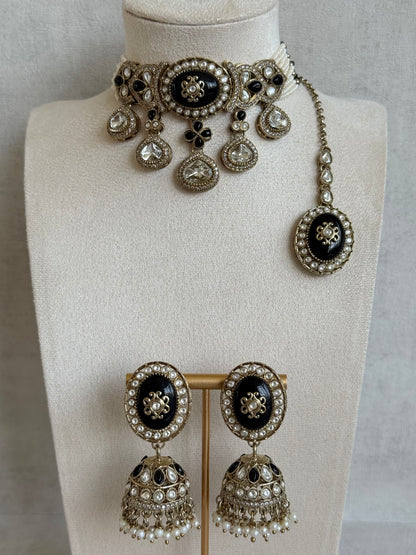 Ayura Designs Myra Choker Set with Earrings & Tikka – Black Kundan & Pearl Detailing