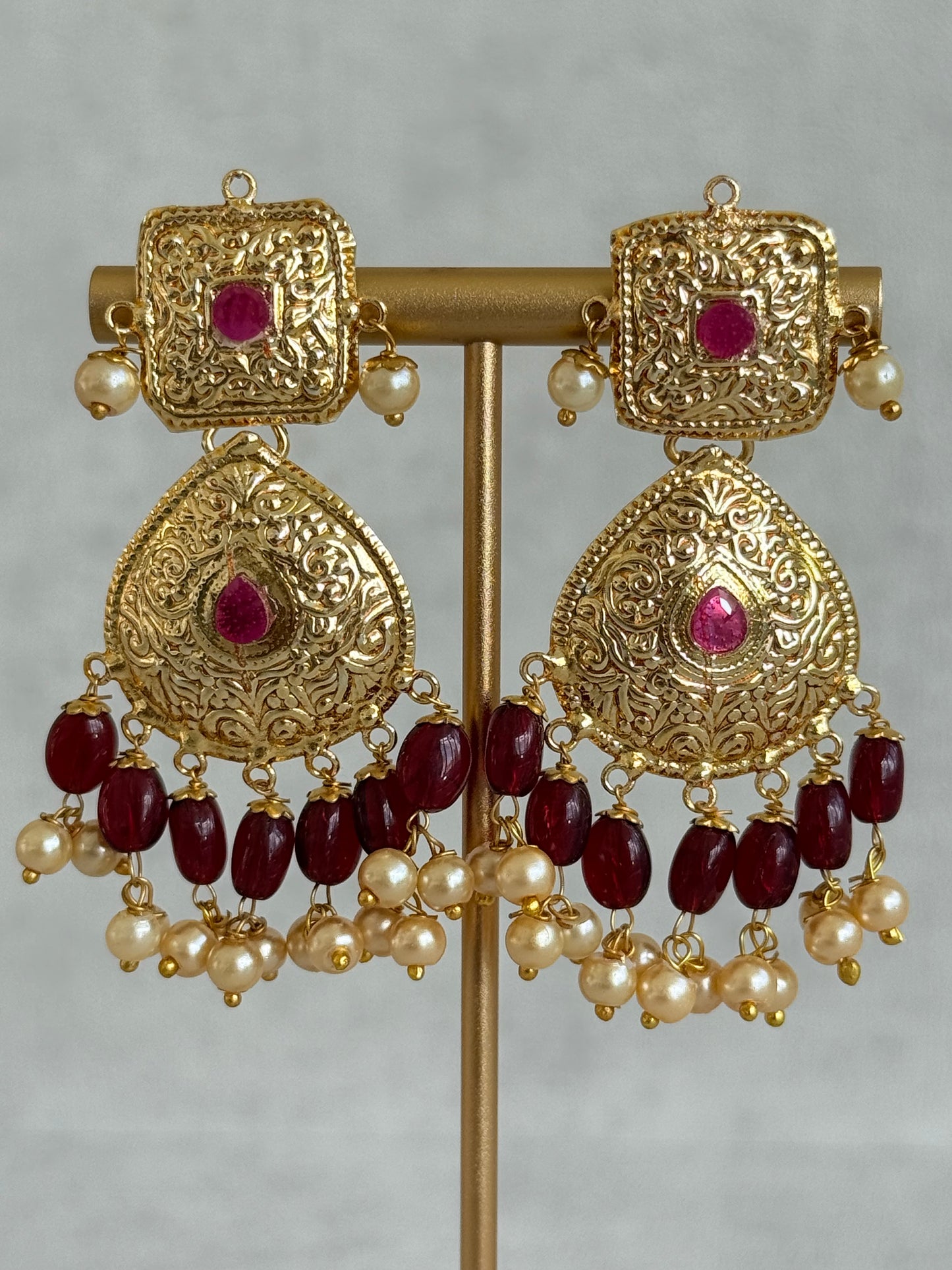 Ayura Designs Chetna Choker Set with Earrings & Tikka – Maroon Beads, Cream Pearl Drops with Pipal Patti Detailing