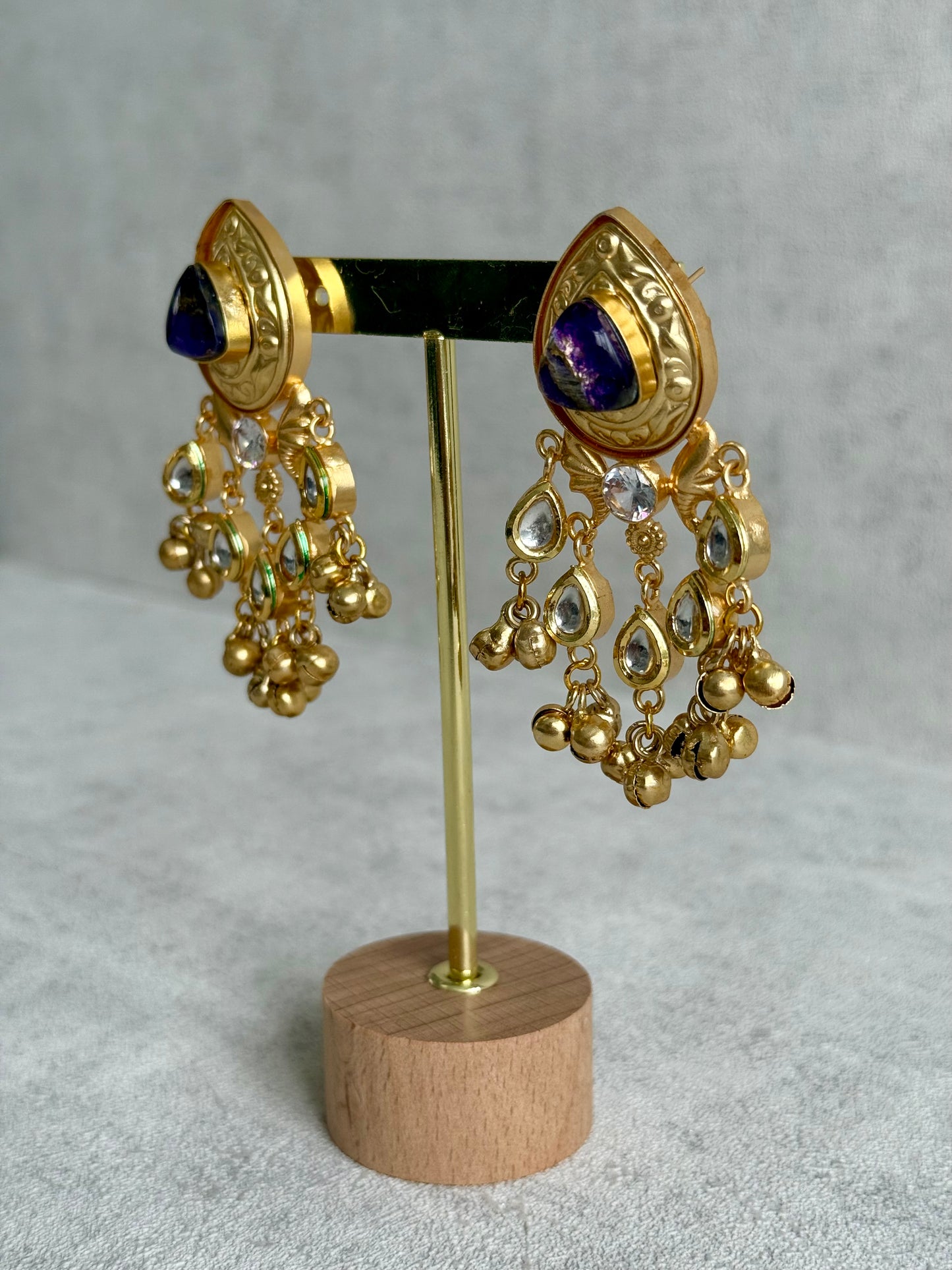 Ayura Designs Arheer Earrings – Violet Marble with Kundan Detailing & Antique Gold Ghungroos