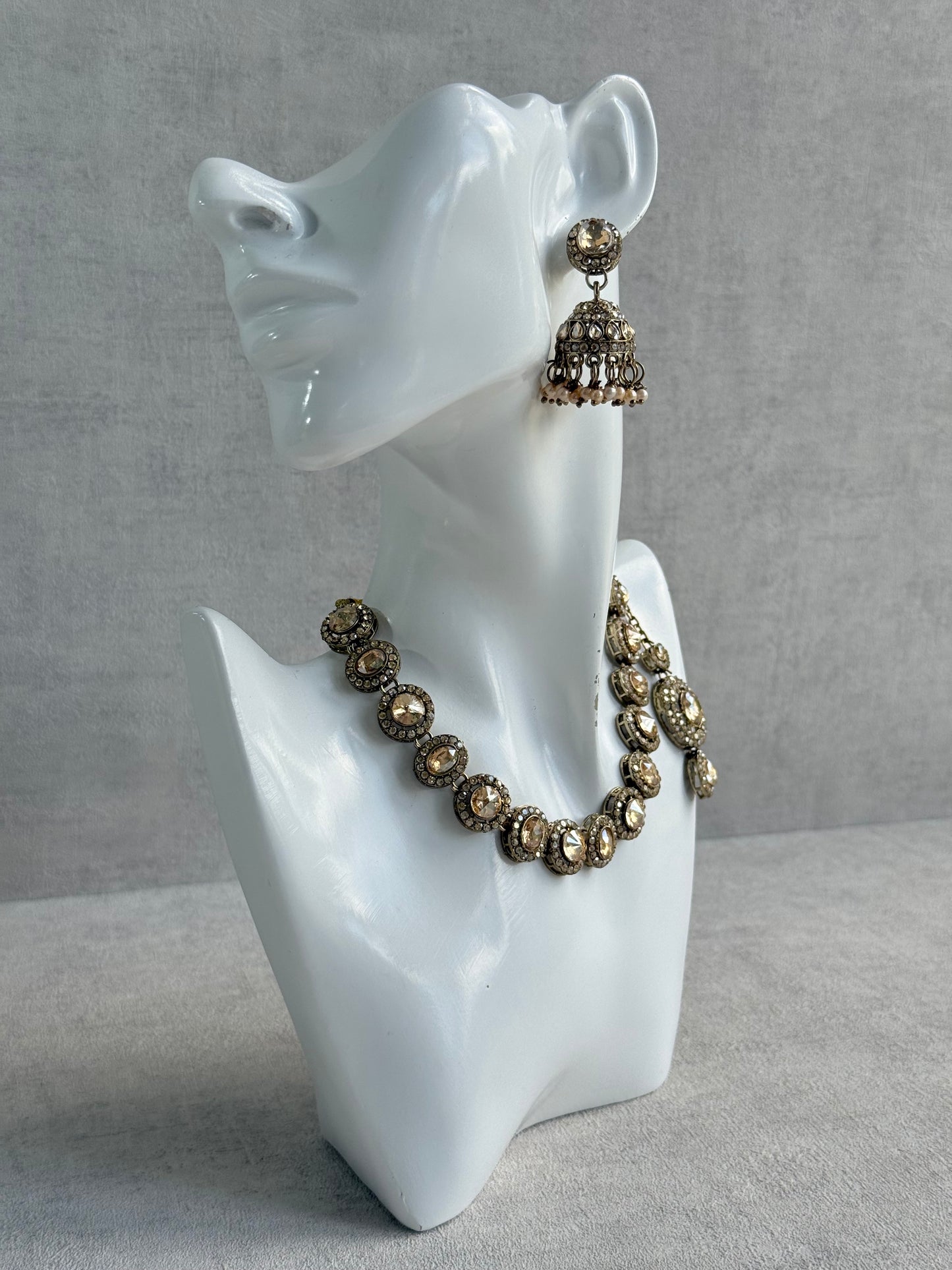 Ayura Designs Eira Necklace Set with Earrings & Tikka – Champagne Gold Crystal Stones with Antique Gold Finish