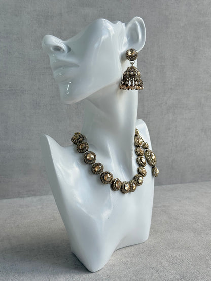 Ayura Designs Eira Necklace Set with Earrings & Tikka – Champagne Gold Crystal Stones with Antique Gold Finish