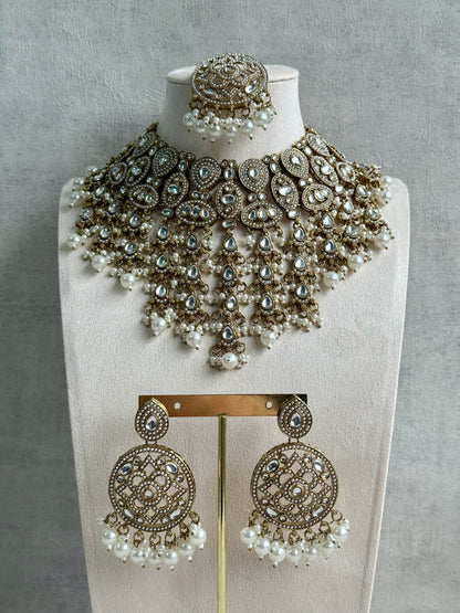 Ayura Designs Tanya Bridal Set with Necklace, Earrings & Tikka – Ivory Pearls, Mirror-Cut Stones & Antique Gold Finish