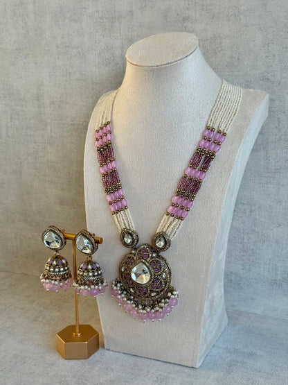 Ayura Designs Brielle Set – Necklace & Jhumkis with Mirror-Cut Stones, Dual-Tone Lilac & Ivory Beads