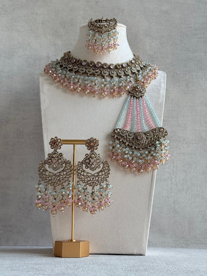Ayura Designs Dilnaz Necklace Set – Blush Pink, Aqua & Champagne Crystal Beads