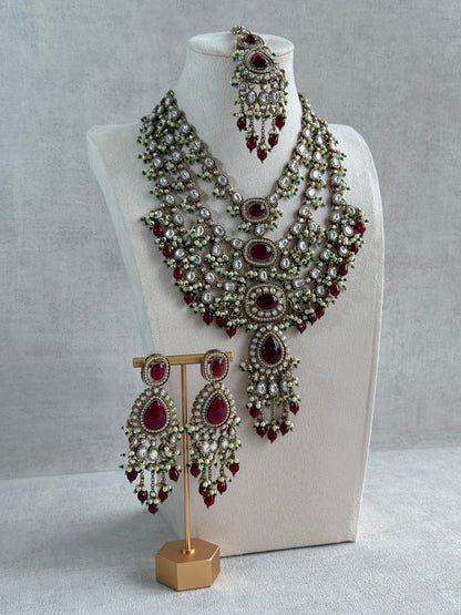 Ayura Designs Sahra Bridal Set with Earrings & Tikka – Ruby Red, Kundan Stones, Pearls & Emerald Green Accents in Antique Gold Finish