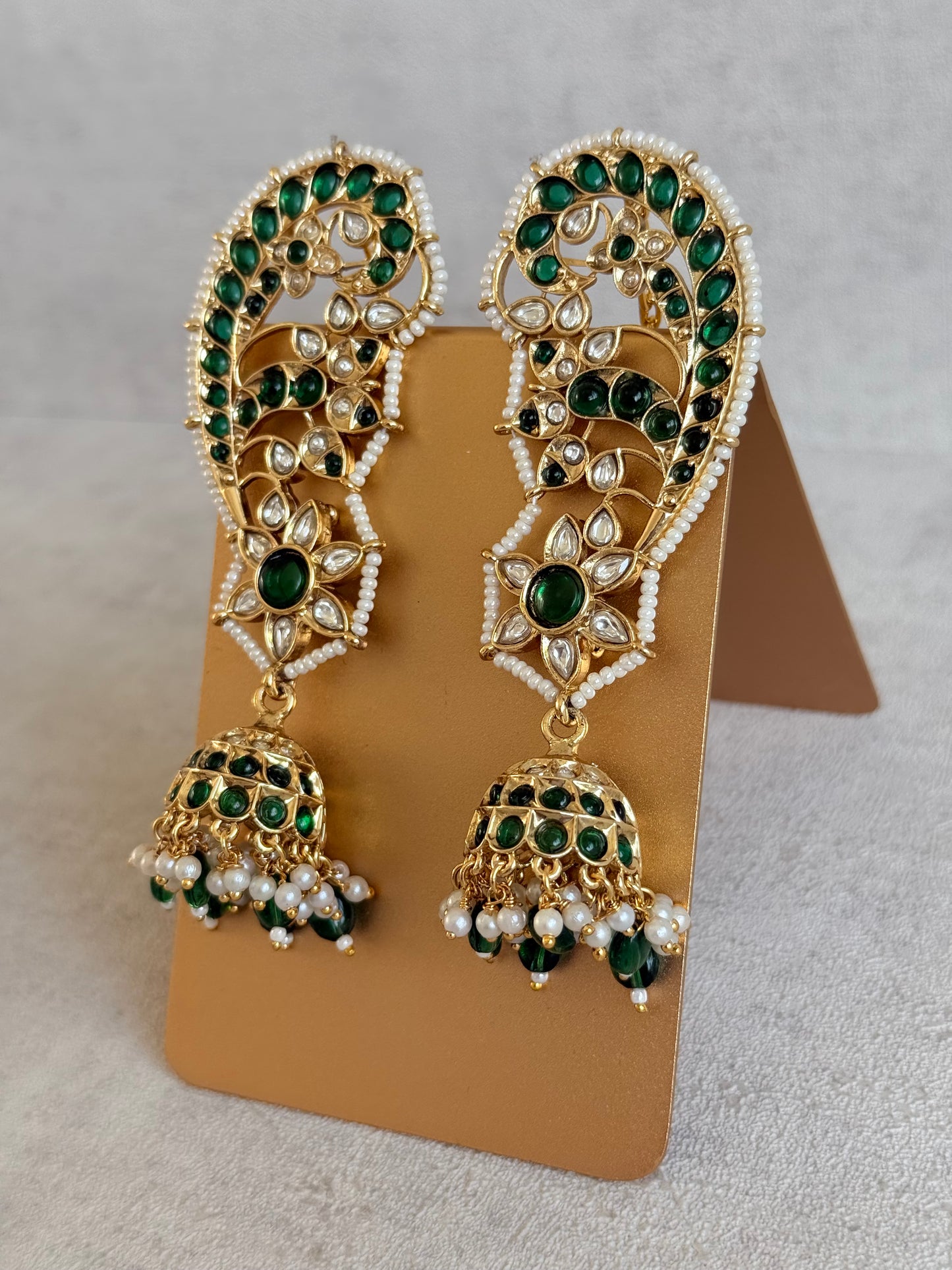 Ayura Designs Urisha Ear Climber Jhumkis – Emerald Green, Kundan & Pearl Detailing