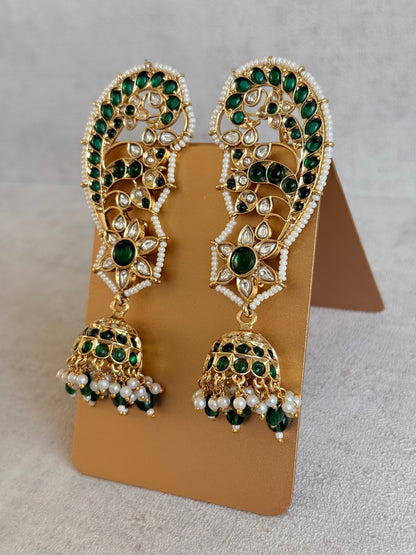 Ayura Designs Urisha Ear Climber Jhumkis – Emerald Green, Kundan & Pearl Detailing