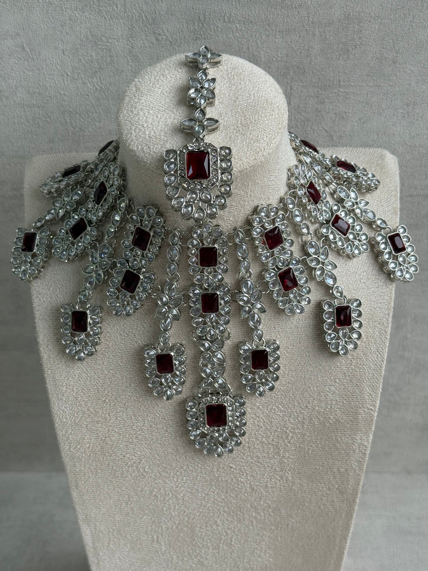 Ayura Designs Zinnia Set – Necklace, Earrings & Tikka with Ruby Red Stones and Mirror-Cut Polki in Silver Finish