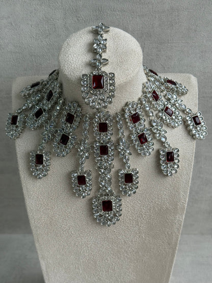Ayura Designs Zinnia Set – Necklace, Earrings & Tikka with Ruby Red Stones and Mirror-Cut Polki in Silver Finish