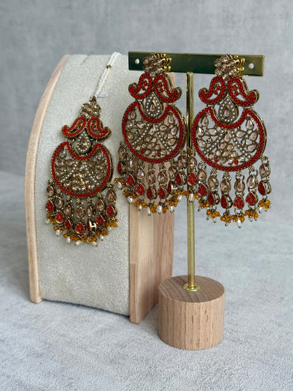 Ayura Designs Anvi Tikka Set with Earrings – Orange with Champagne Stones & Pearl Drops