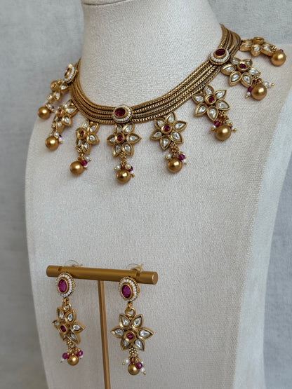 Ayura Designs Daksha Necklace Set with Earrings – Gold Layered Chain Necklace with Ruby Pink Kundan Floral Motifs