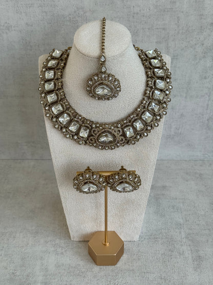 Ayura Designs Riva Set with Necklace, Studs & Tikka – All-Mirror Stones in Antique Gold