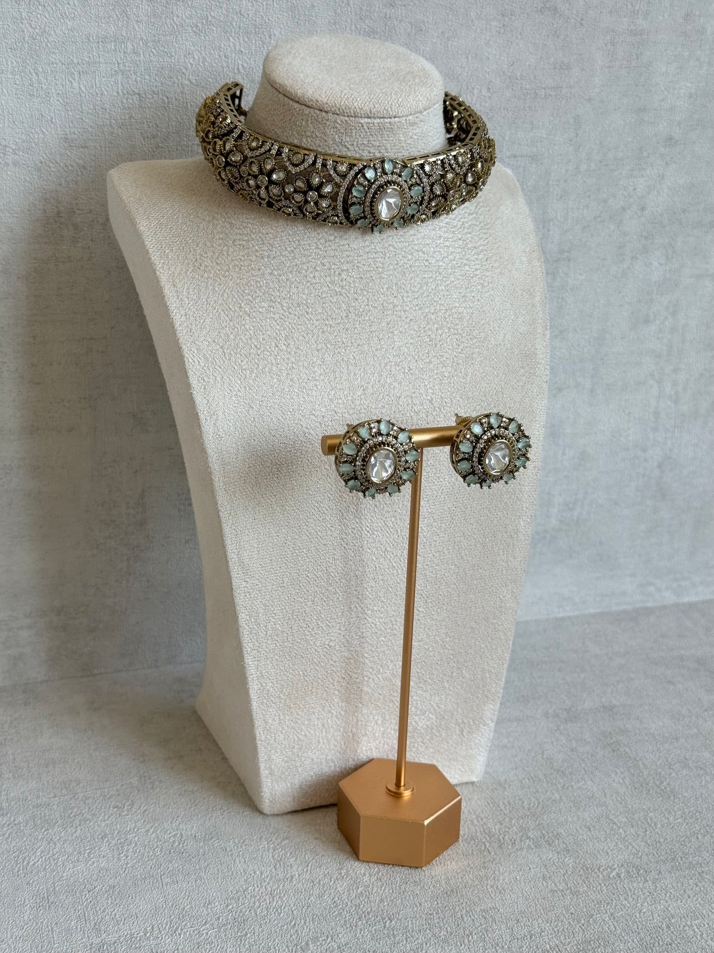 Ayura Designs Genevieve Choker Set with Studs – Mint Crystal Kundan in Antique Gold