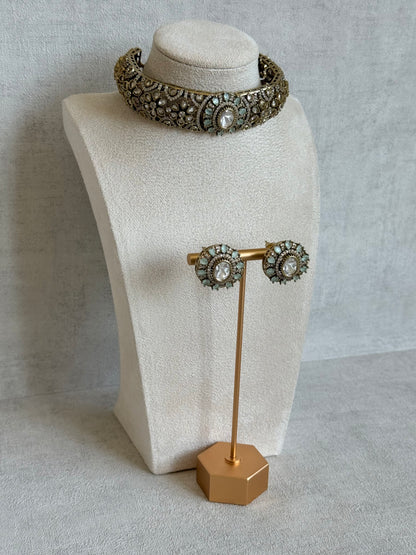 Ayura Designs Genevieve Choker Set with Studs – Mint Crystal Kundan in Antique Gold