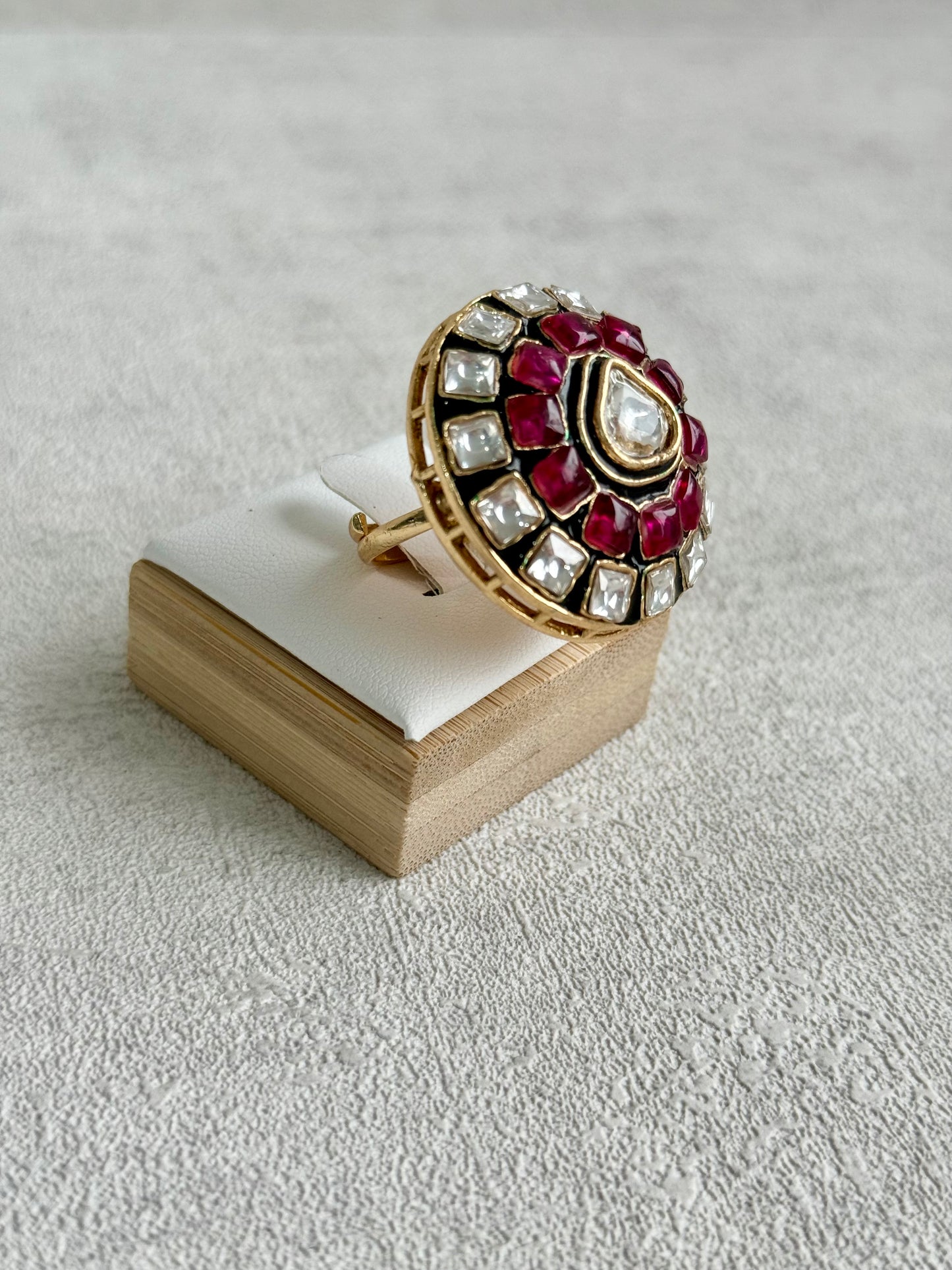 Ayura Designs Zaib Adjustable Ring – Mirror-Cut Stone with Green Enamel, Ruby Pink Accents & Crystal Detailing