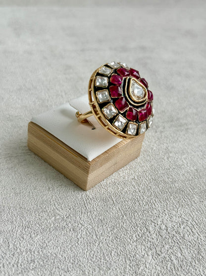 Ayura Designs Zaib Adjustable Ring – Mirror-Cut Stone with Green Enamel, Ruby Pink Accents & Crystal Detailing