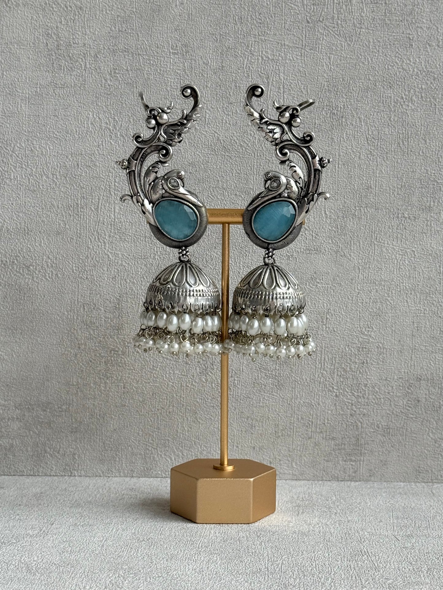Ayura Designs Manzil Earrings – Oxidised Silver Ear Cuff Jhumkis with Aqua Stones & Pearl Detailing