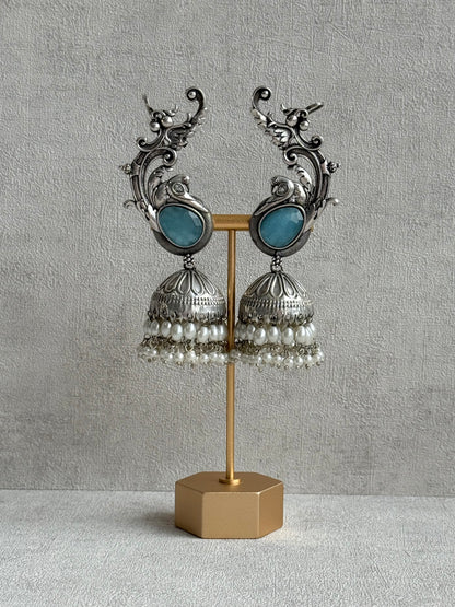Ayura Designs Manzil Earrings – Oxidised Silver Ear Cuff Jhumkis with Aqua Stones & Pearl Detailing