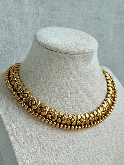 Ayura Designs Sathya Necklace Set with Stud Earrings – Antique Gold Temple Style with Textured Beadwork