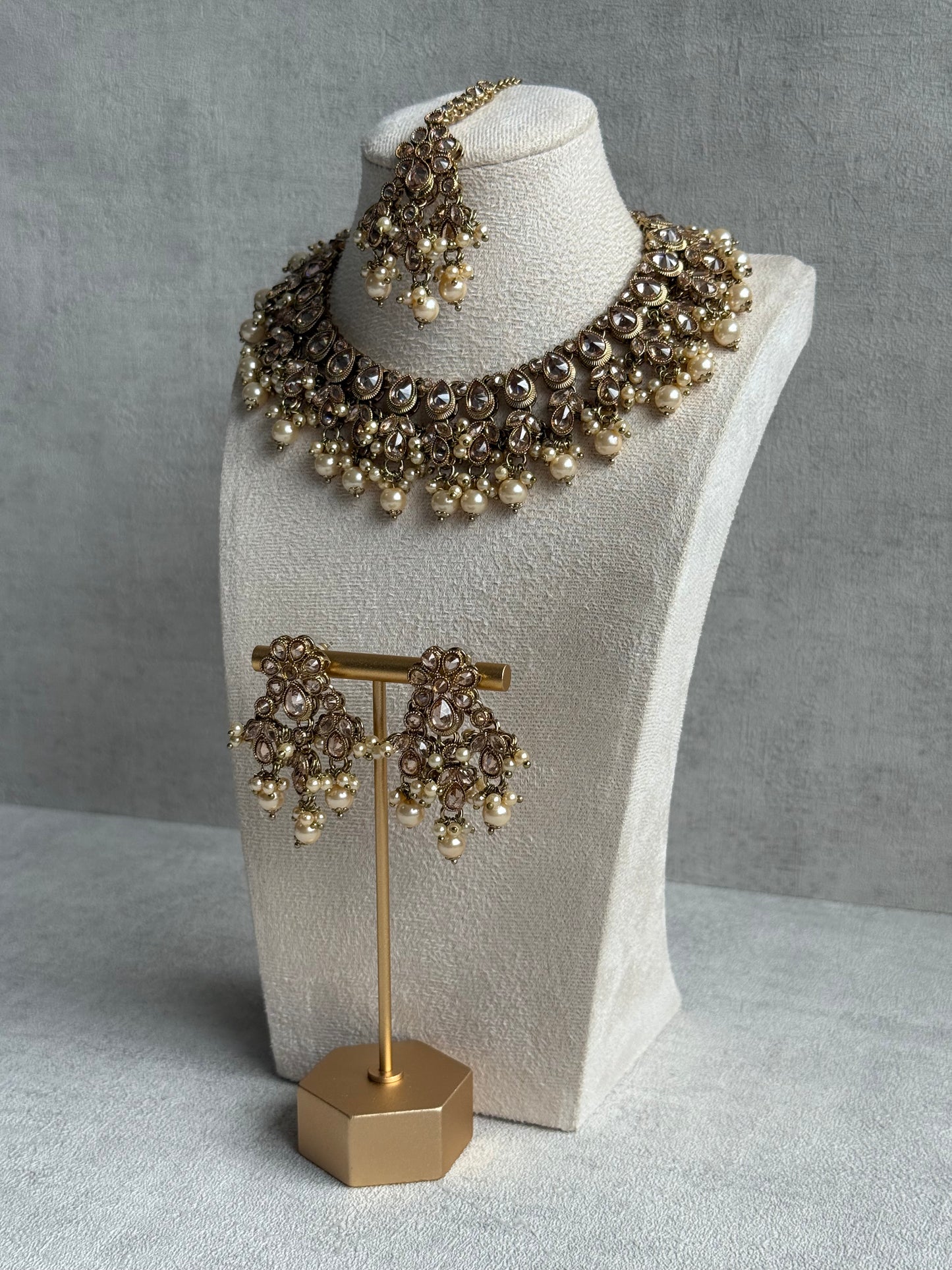 Ayura Designs Rameen Set – Necklace, Earrings & Tikka with Champagne Stones, Ivory Pearls & Antique Gold Finish