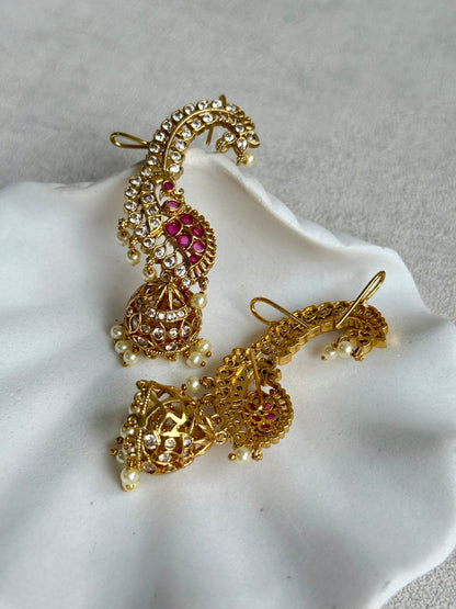Ayura Designs Padma Earrings – Gold Half Ear Cuffs with Peacock Motif, Pink Stone Accents, Kundan Crystals & Pearl Jhumka Drops