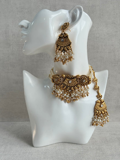 Ayura Designs Sairish Choker Set with Earrings & Tikka – Ivory Beads, Pearl Detailing, Ghungroos, Paisley Motifs & Antique Gold Finish