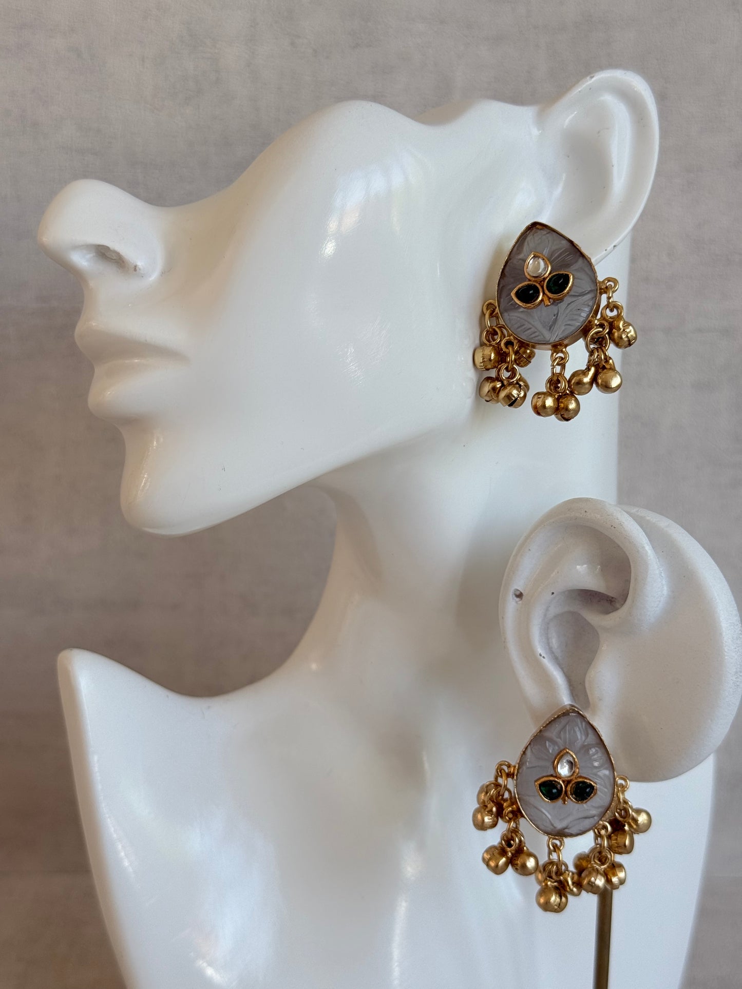 Ayura Designs Aykai Earrings – Grey Carved Teardrop Stud Earrings with Clear Kundan Stones and Gold Ghungroo Drops