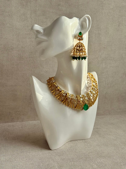 Ayura Designs Rami Collar Set with Jhumkis – Sculpted Gold Collar with Emerald Green Stone and Crystal Detailing
