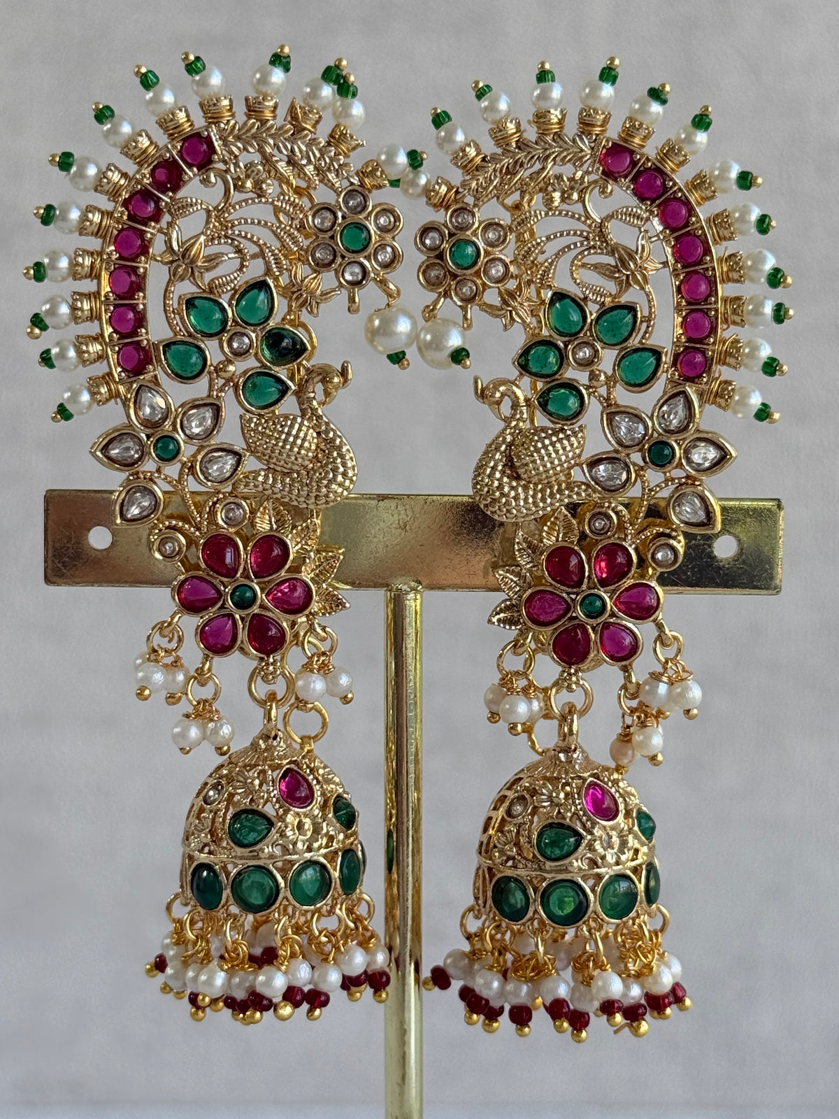Ayura Designs Nitya Kaanphool Jhumkis – Gold Half Ear Cuff Earrings, Peacock Motifs, Pink & Emerald Green Kundan, Pearl Drops & Sahare