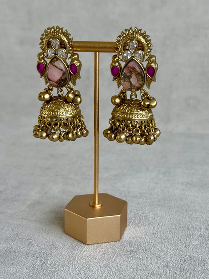 Ayura Designs Avleen Earrings – Rose Pink Marble with Antique Gold Jhumkis