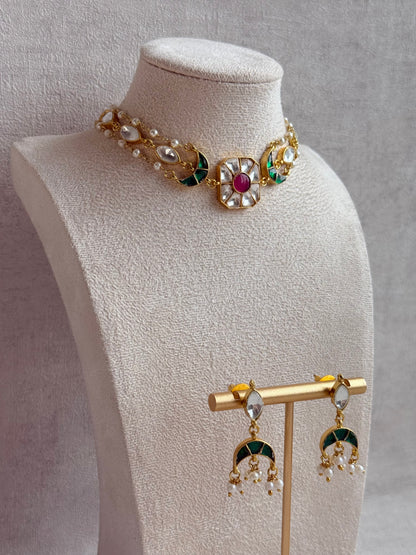 Ayura Designs Mahi Choker Set with Earrings – Meenakari Kundan Green & Pink Detailing