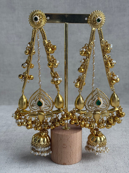 Ayura Designs Teja Earrings – Antique Gold Jhumkis with Emerald Stone & Pearl Detailing