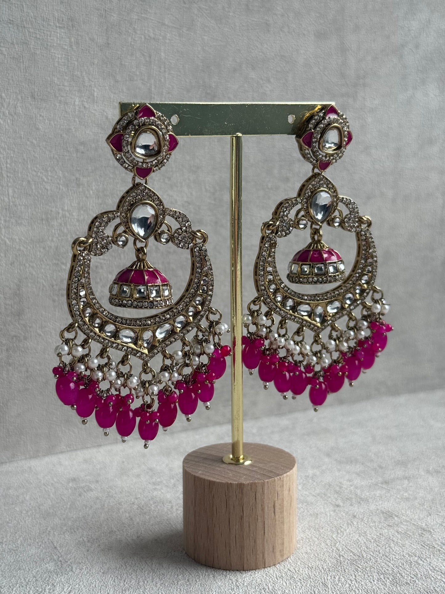 Ayura Designs Reha Earrings – Statement Chandbalis with Hot Pink Beads, Pearls & Mirror-Cut Stones
