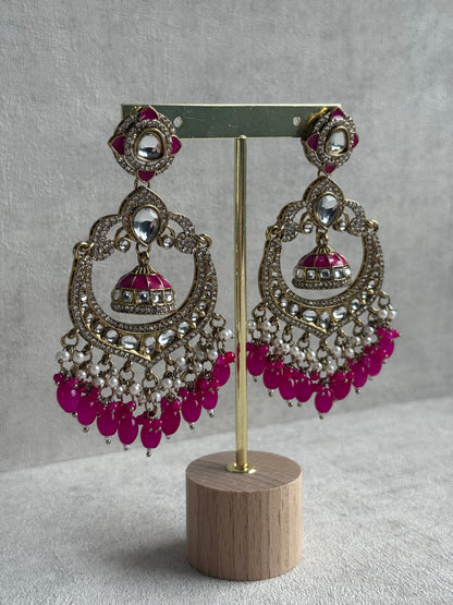 Ayura Designs Reha Earrings – Statement Chandbalis with Hot Pink Beads, Pearls & Mirror-Cut Stones