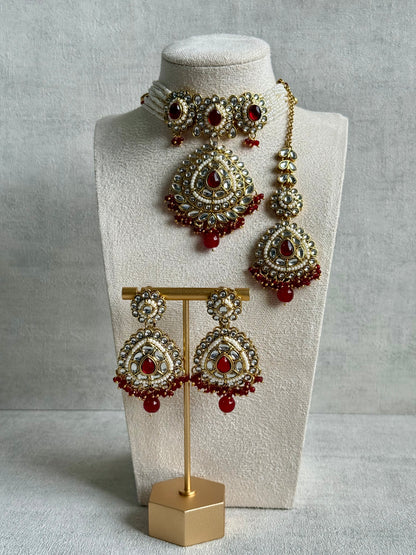 Ayura Designs Tehreem Set with Necklace, Earrings & Tikka – Mirror-Cut Stones, Ruby Red Beads & Antique Gold Finish