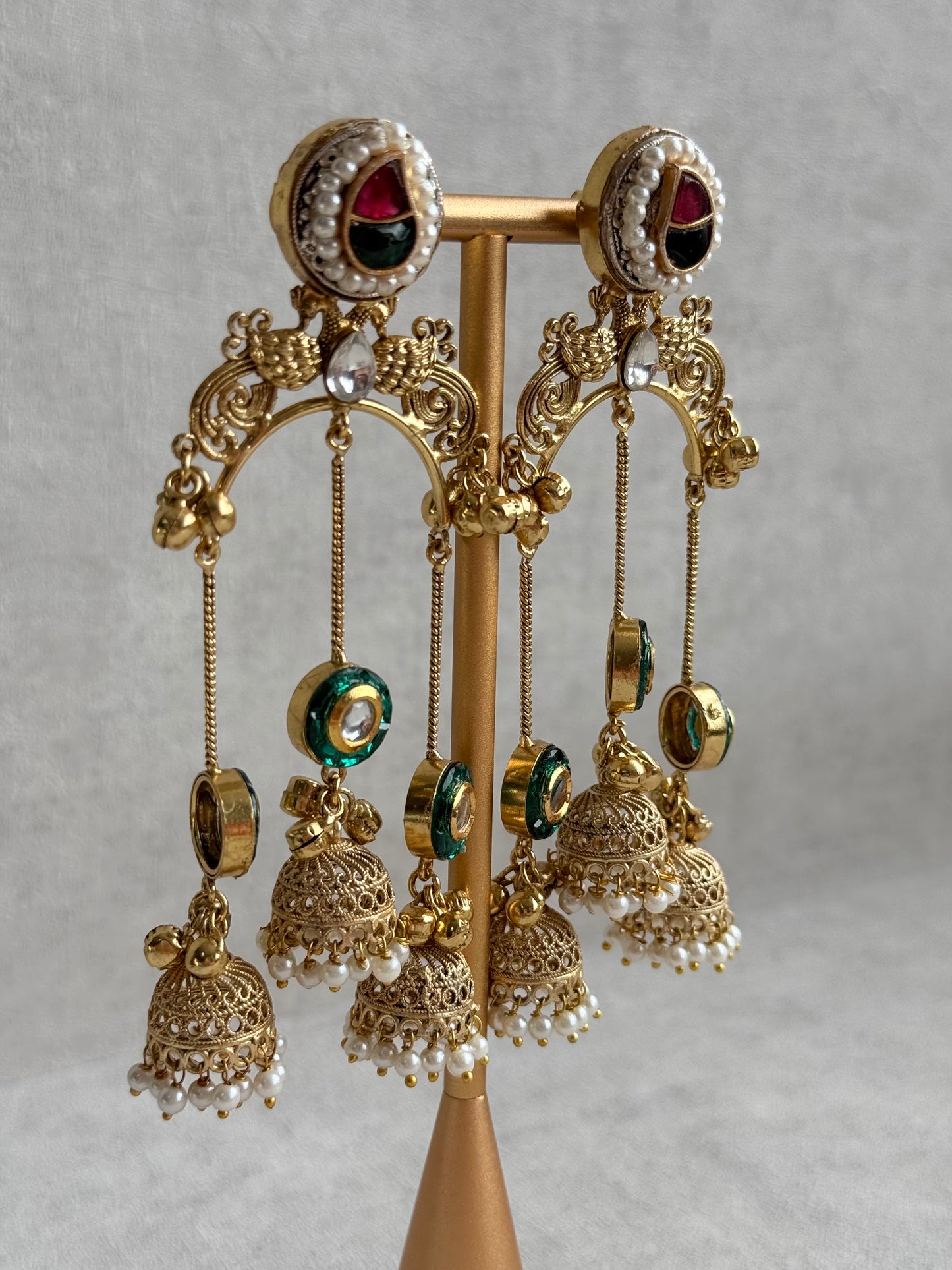 Ayura Designs Arzina Earrings – Triple Jhumki Earrings with Emerald Green Stones, Pearl Borders & Gold Detailing