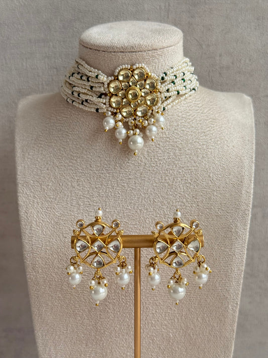 Ayura Designs Saaz Kundan Choker Set with Earrings & Pearl Multi Strand Detailing