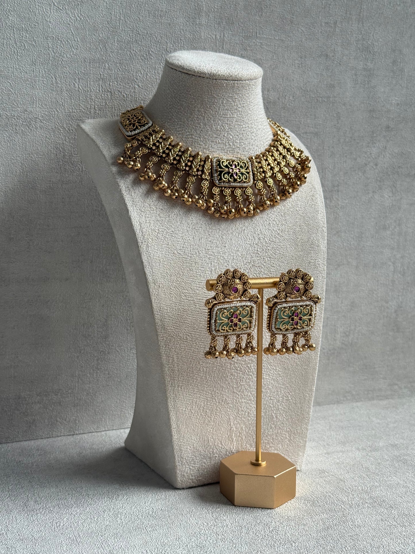 Ayura Designs Uma Set – Antique Gold Necklace & Earrings with Mint Green Enamel, Ruby Meenakari & Pearl Detailing