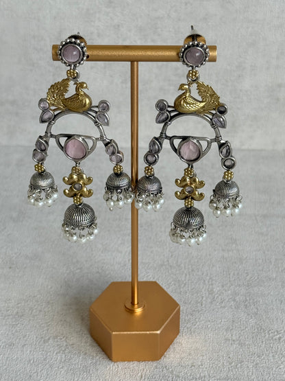 Ayura Designs Mehrza Earrings – Oxidised Peacock Motif Statement Earrings with Pearl Jhumkis & Blush Pink Stones