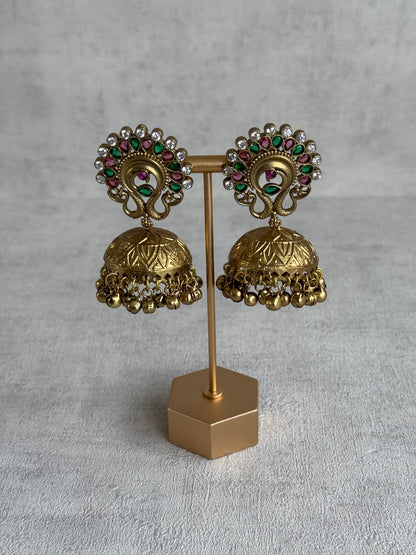 Ayura Designs Moraya Jhumkis – Pink & Green Peacock Motif with Antique Gold Detailing