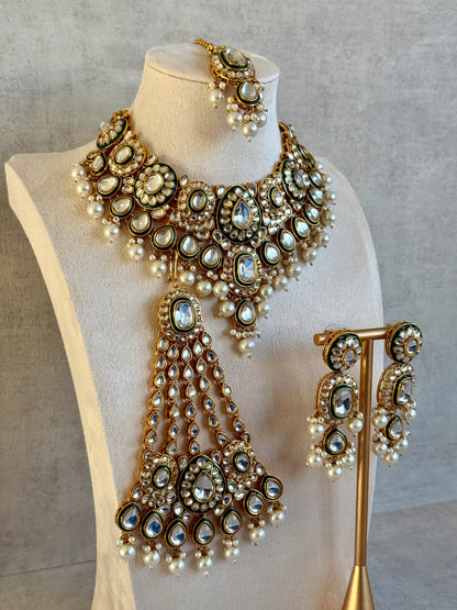 Ayura Designs Jashan Set with Necklace, Earrings, Tikka & Passa – Kundan Detailing, Ivory Pearl Drops