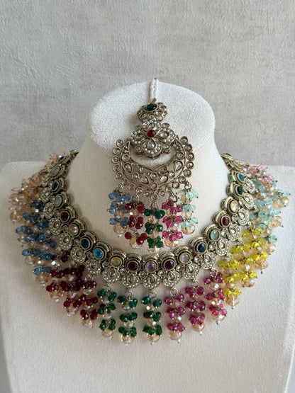 Ayura Designs Dilnaz Necklace Set with Earrings, Tikka & Passa – Multicolour Crystal Beads & Antique Gold Finish