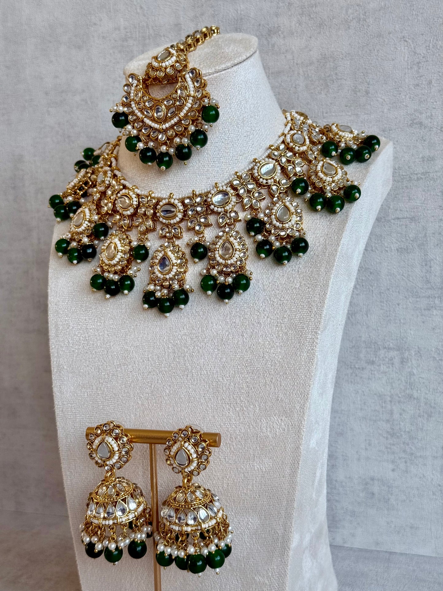 Ayura Designs Iyla Set with Necklace, Earrings & Tikka – Kundan Detailing, Ivory Pearl Drops & Emerald Beads